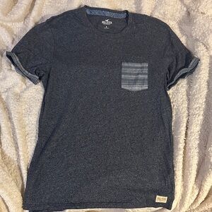 Hollister Men's Dark Blue Tee with Striped Pocket